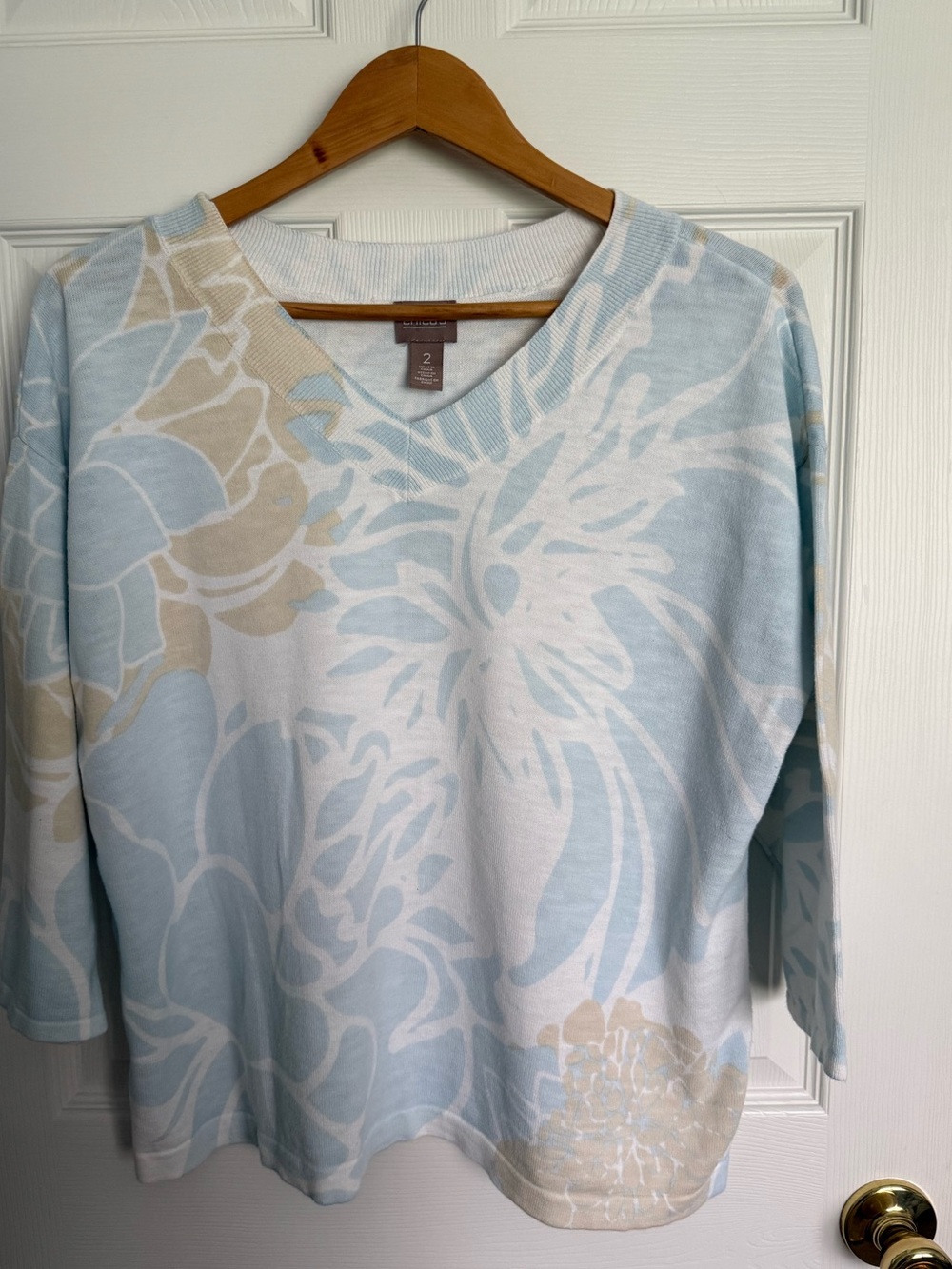 Chico's Light Blue & Cream Floral V-Neck Knit Top